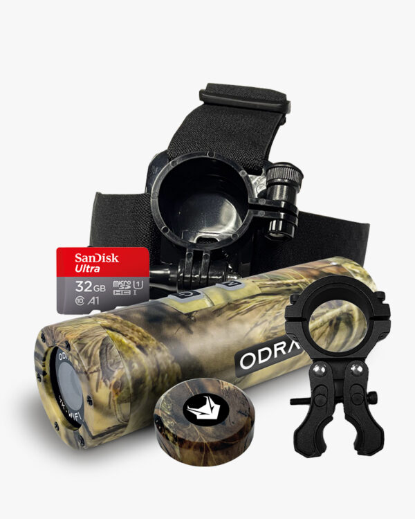 Telecamera per fucile da caccia 4K 60fps ODRA CAM PRO + Micro SD 32 Gb + Supporto metallico universale + Supporto testa + Tappo di scorta ODRA CAM
